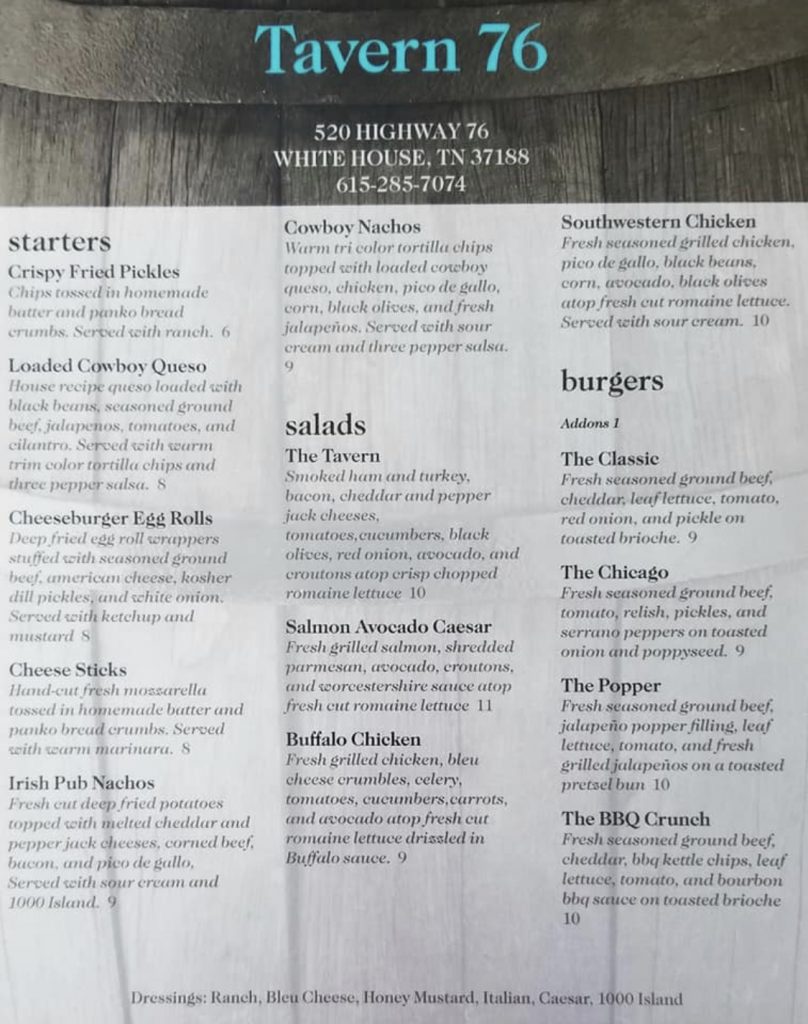 Tavern 76 Menu 1 – Looking 4 Eats Hendersonville, Tn